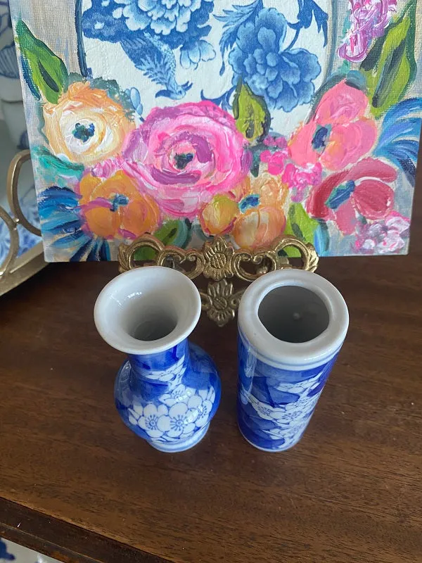 Vintage Chinoiserie Cherry Blossom Vases - Mini Blue and White, pair, bud vases