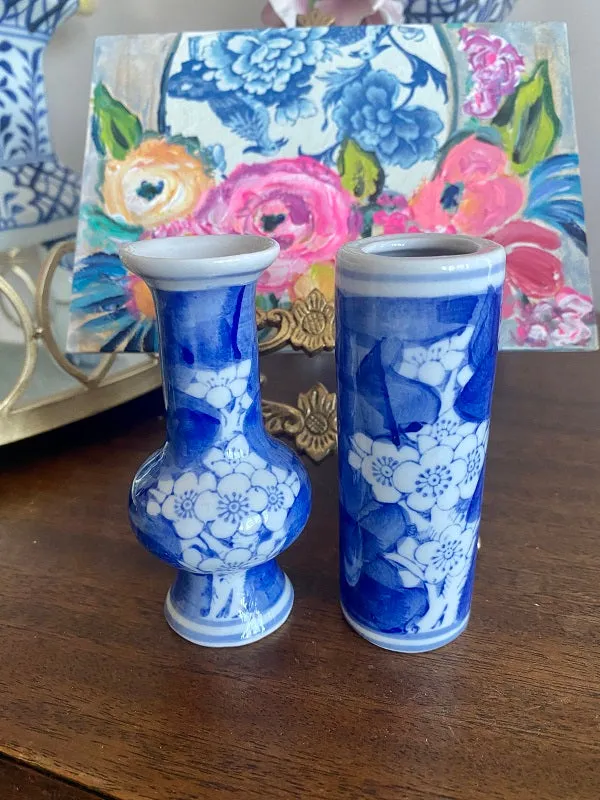 Vintage Chinoiserie Cherry Blossom Vases - Mini Blue and White, pair, bud vases