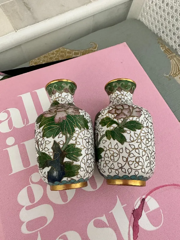 Vintage Mini Vases, Cloisonne, Pink and Green Floral with White and Gold Detail, Pair