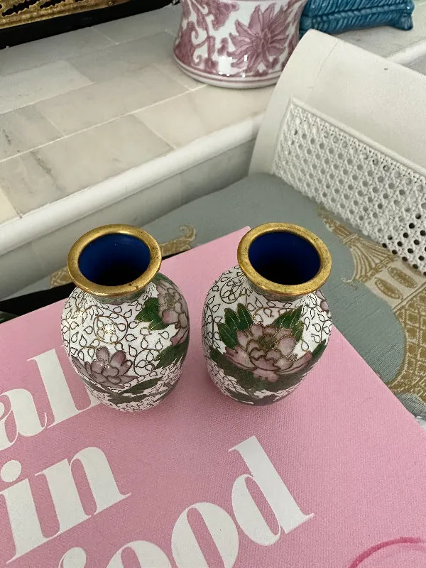 Vintage Mini Vases, Cloisonne, Pink and Green Floral with White and Gold Detail, Pair