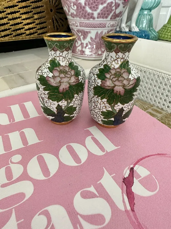 Vintage Mini Vases, Cloisonne, Pink and Green Floral with White and Gold Detail, Pair