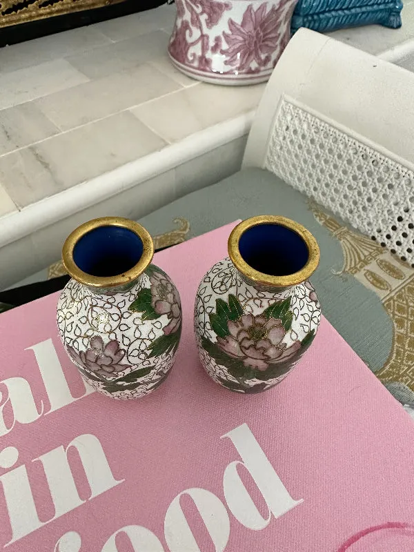 Vintage Mini Vases, Cloisonne, Pink and Green Floral with White and Gold Detail, Pair