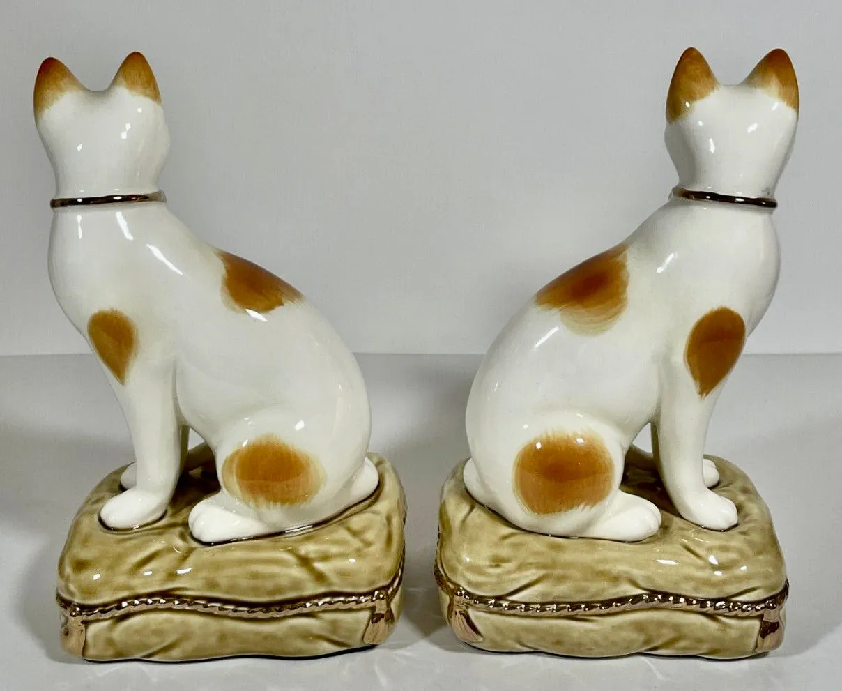 Vintage Pair 8" Caramel Spotted Staffordshire Cat Figurines on Green Tassel Pillow Base