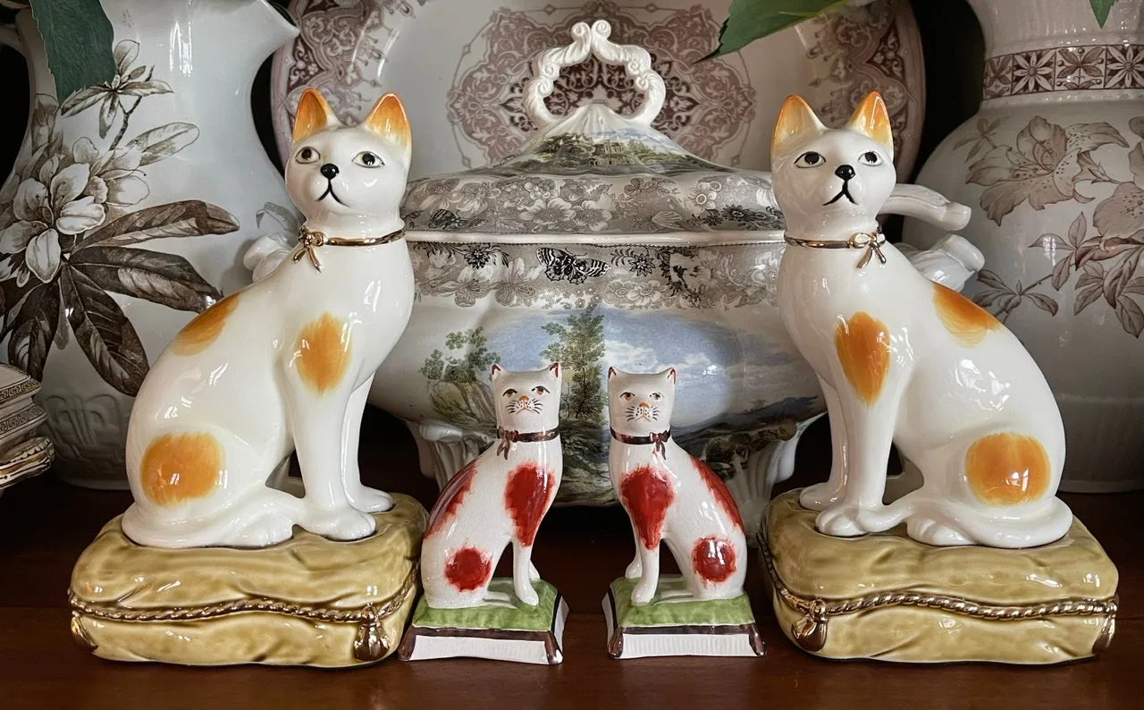 Vintage Pair 8" Caramel Spotted Staffordshire Cat Figurines on Green Tassel Pillow Base