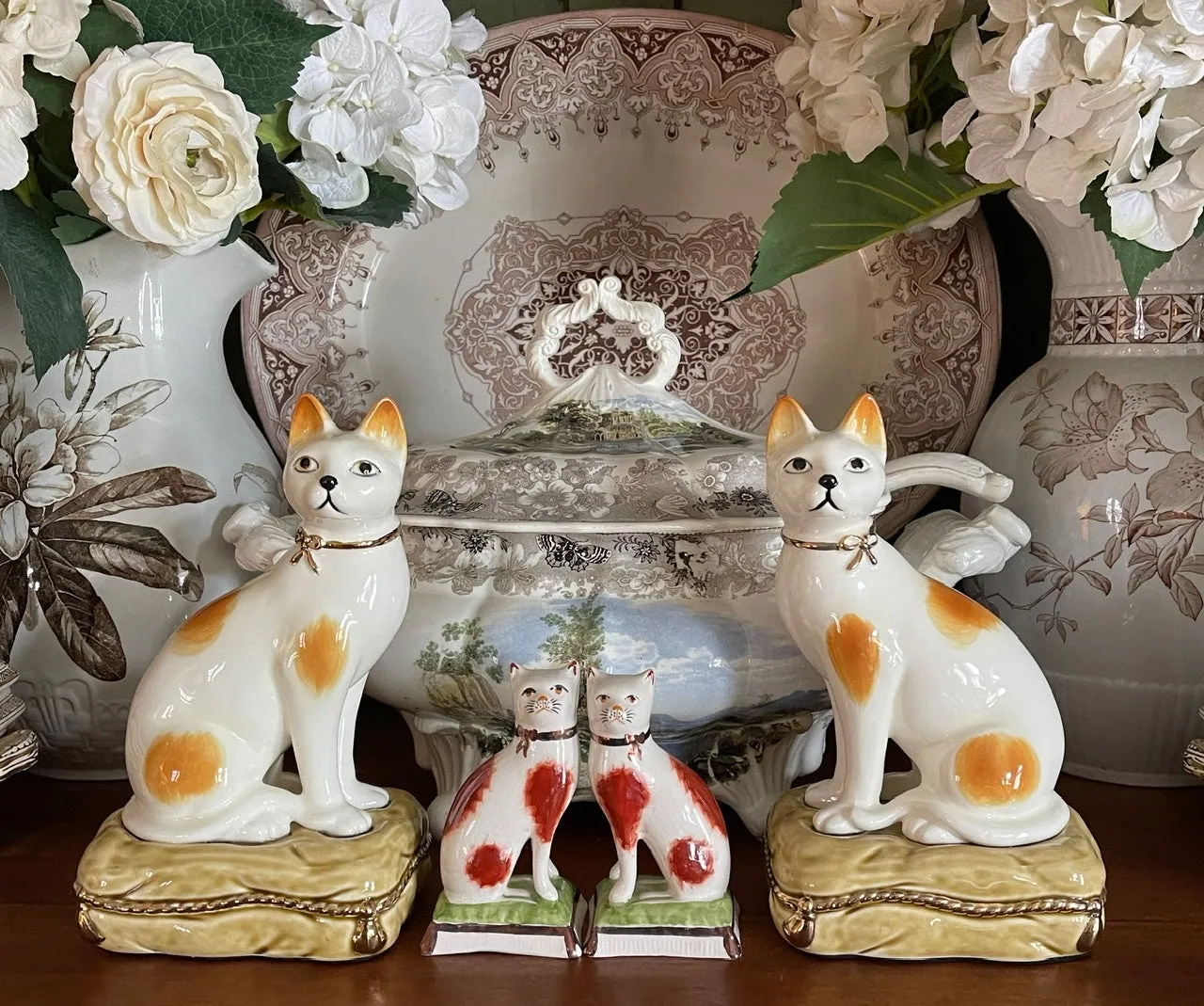 Vintage Pair 8" Caramel Spotted Staffordshire Cat Figurines on Green Tassel Pillow Base