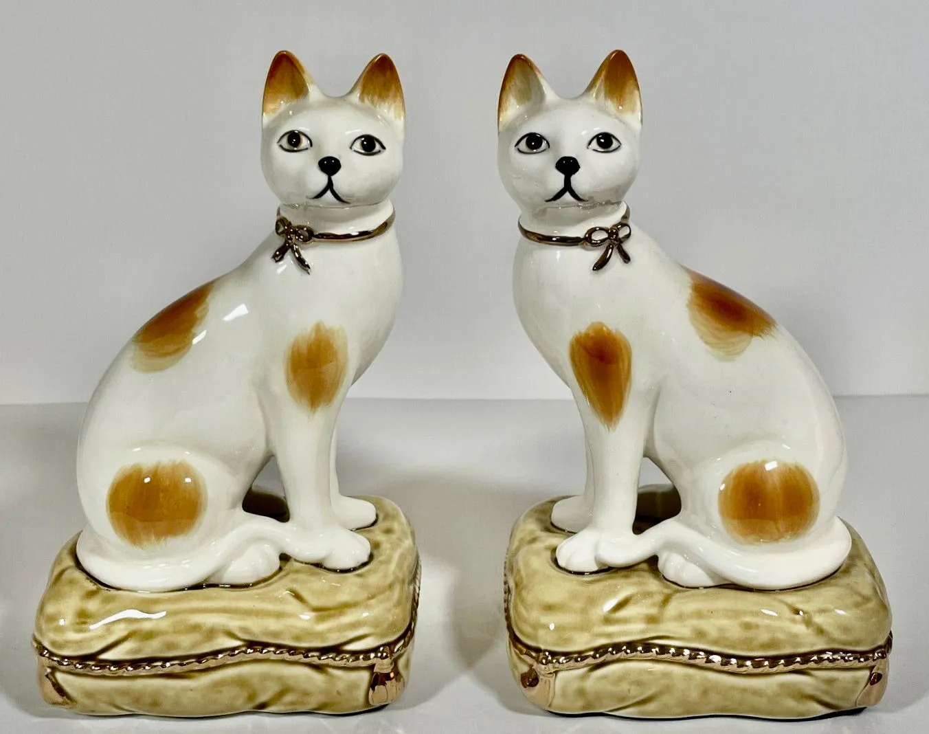 Vintage Pair 8" Caramel Spotted Staffordshire Cat Figurines on Green Tassel Pillow Base