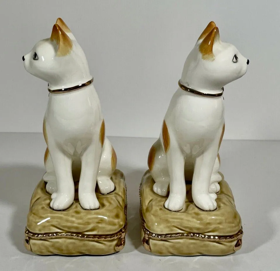 Vintage Pair 8" Caramel Spotted Staffordshire Cat Figurines on Green Tassel Pillow Base