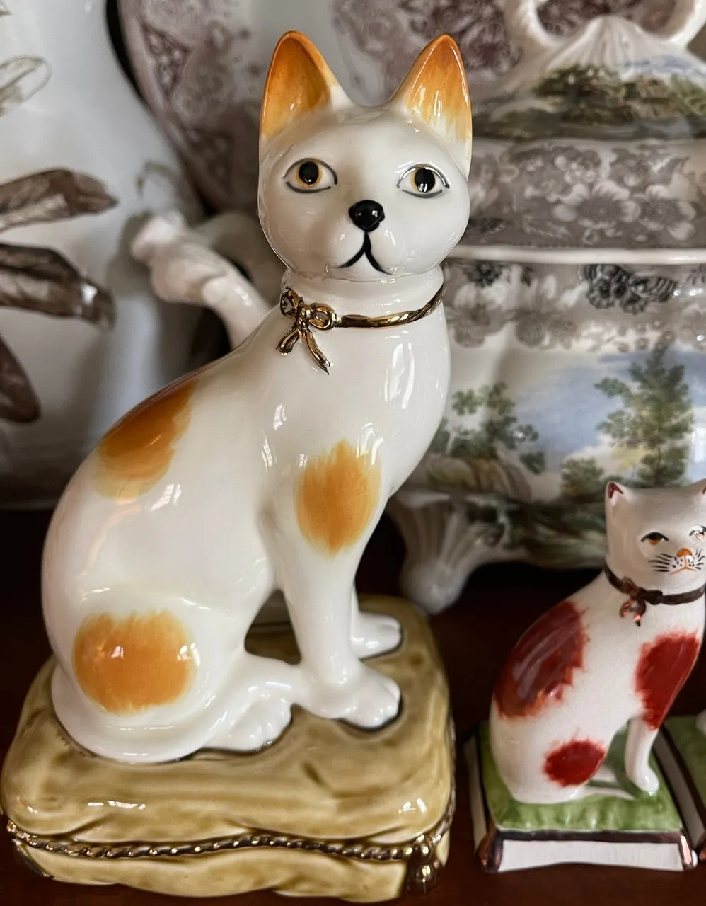 Vintage Pair 8" Caramel Spotted Staffordshire Cat Figurines on Green Tassel Pillow Base