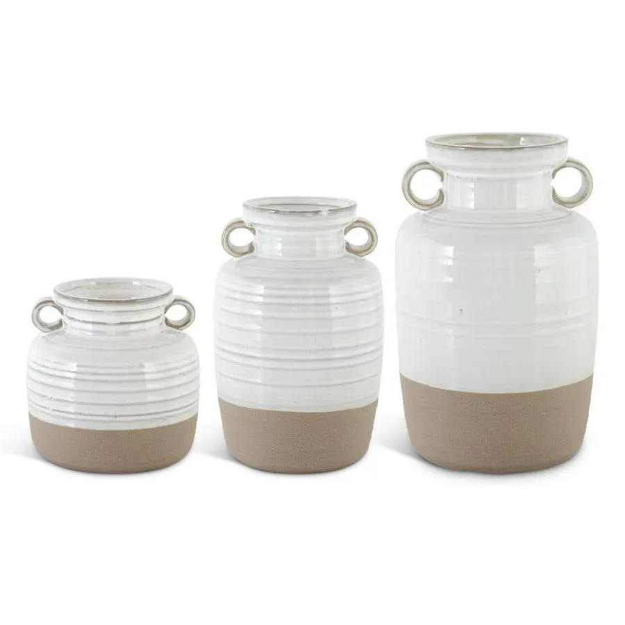 White Ceramic Double Handled Pots w/Unglazed Bottoms