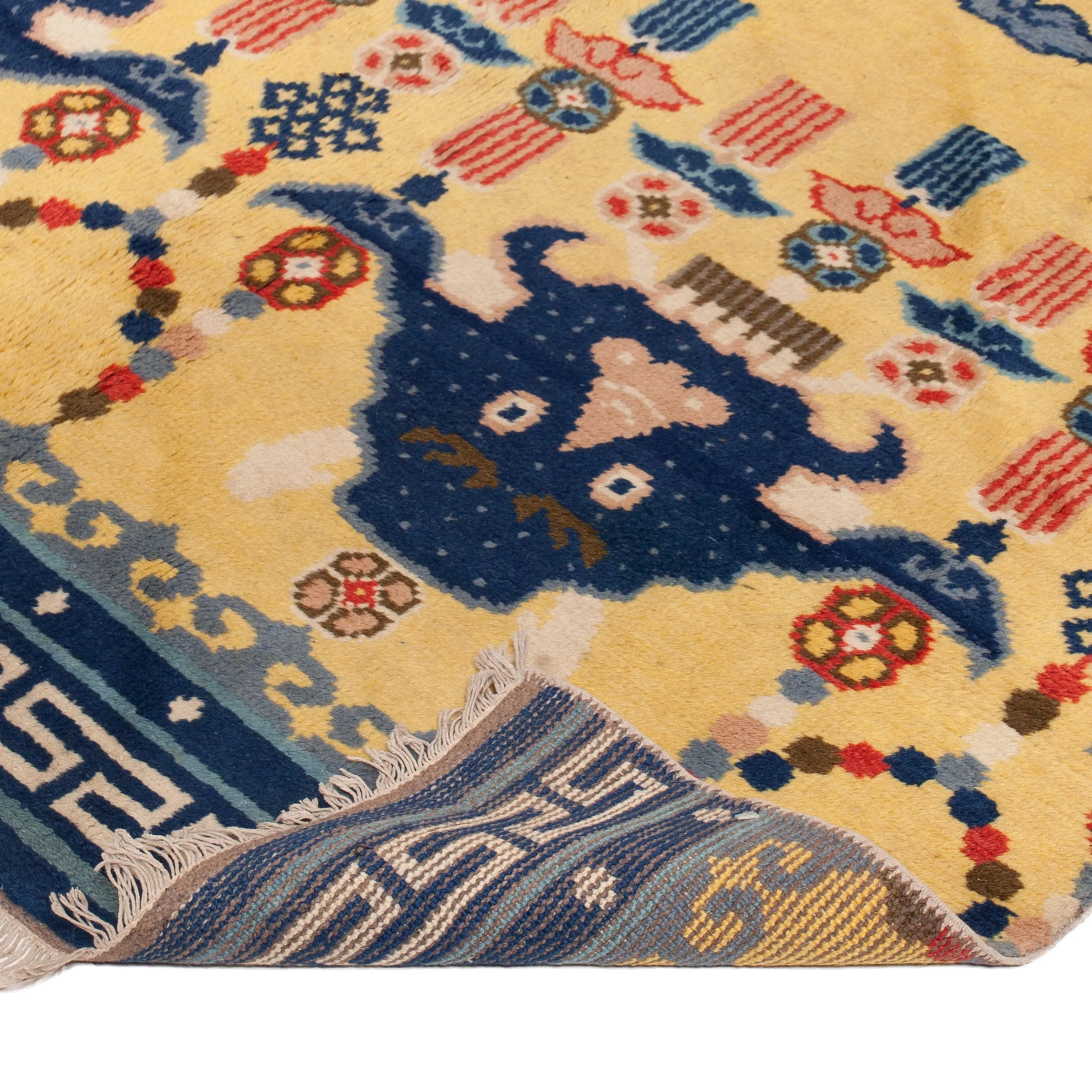 Yellow & Blue Vintage Traditional Tibetan Wool Rug - 5' x 15'7"